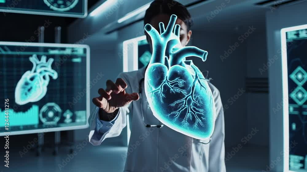 Poster Slow motion sequence showcasing a doctor manipulating a holographic projection of a human heart within a technologically advanced medical environment