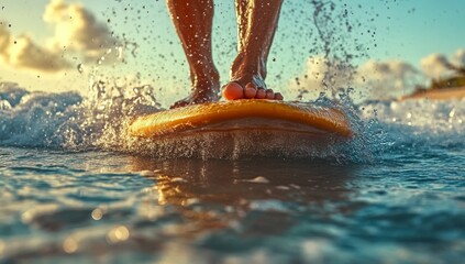 A surfer's feet, coated in wax, surfing a wave with the finesse of summer Olympic precision and expertise