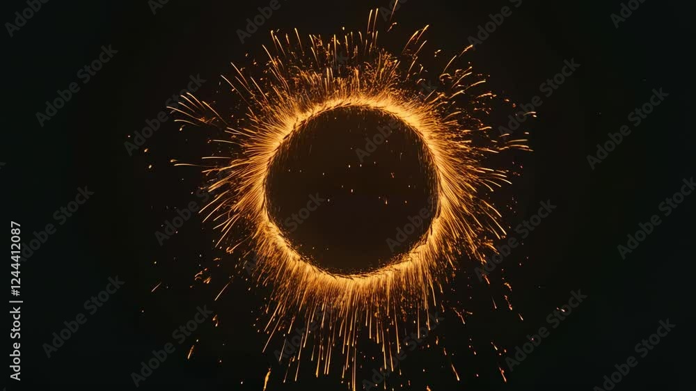 Poster bright sparks radiating outwards from a circular shape, forming a fiery ring against a dark backdrop