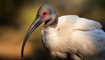 Fototapeta premium Striking Portrait of an Australian White Ibis amidst a Tropical Australian Wetland, Captured in Soft Light and Rich Colors, showcasing the Birds Vibrant Plumage and Reflective Eyes.