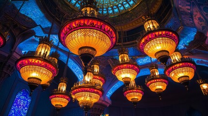 Obraz premium Ornate Hanging Chandeliers with Colorful Glass and Intricate Design