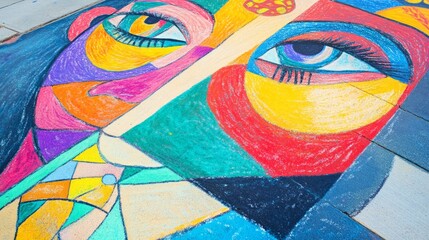 Fototapeta premium Vibrant Chalk Art Portrait on Paved Surface with Colorful Design