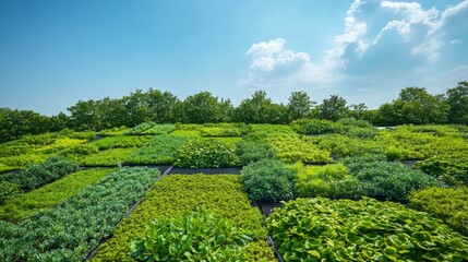 Lush Green Rooftop Garden with Diverse Plant Life and Blue Sky