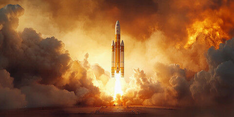 Modern spacecraft launches from the pad into the sky amidst fiery clouds and dramatic smoke, showcasing advanced technology and space exploration efforts. Generative AI
