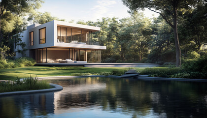 Obraz premium Modern two-story house with large glass windows, clean lines, surrounded by lush greenery near a serene pond. Sleek architecture emphasizes open spaces, natural light, golden-hour highlights