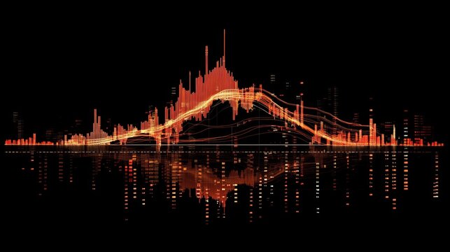 A high-tech computer monitor displays detailed financial charts featuring various technical indicators, including volume analysis, moving averages, and trend lines. 
