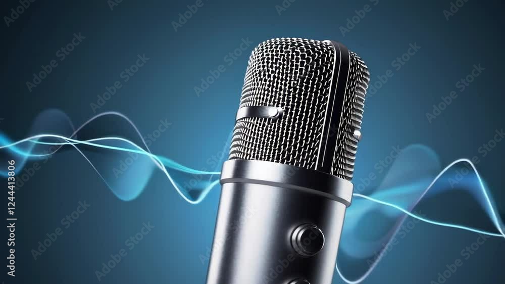 Poster studio condenser microphone capturing sound waves, visualized as elegant light trails, in a slow mot