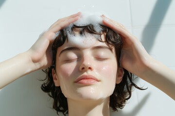 Naklejka premium Model washing her hair with rich foam, savoring a rejuvenating moment of self care in a bright, airy bathroom filled with natural light