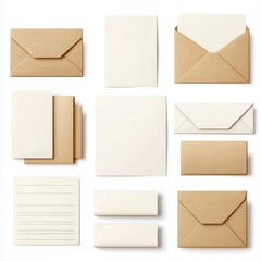 set of blank stationery mockups, including paper and envelopes, isolated on white