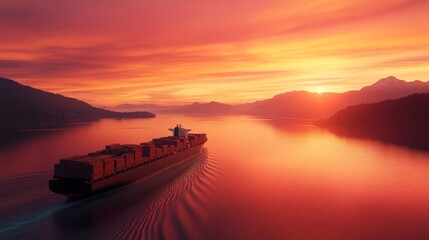 Container ship navigating through serene waters at sunset, surrounded by mountain and colorful sky