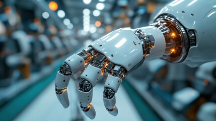Close-up of a robotic hand with intricate mechanics in a futuristic factory setting