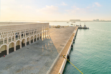The city skyline of the West Bay district of Doha, Qatar, seen from the Doha cruise terminal and...