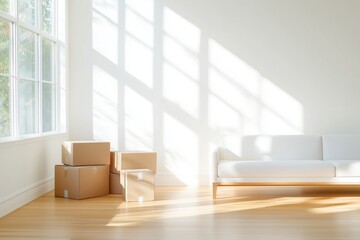 Fototapeta premium Sunlight streams into a newly renovated apartment with cardboard boxes and a modern white sofa, creating a bright and airy atmosphere