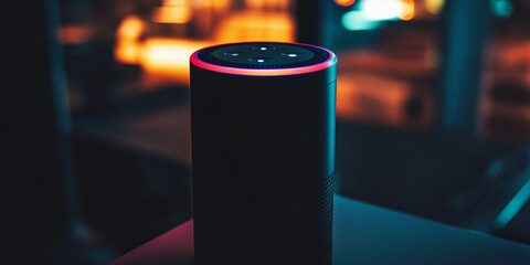 Smart speaker device operates home functions, showcasing vibrant lighting in a modern living space at night. Generative AI