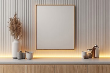 Minimalist interior scene with frame mockup and natural decorative elements