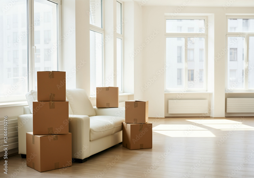 Aufkleber moving into a new apartment with cardboard boxes stacked on a white sofa in an empty room with large