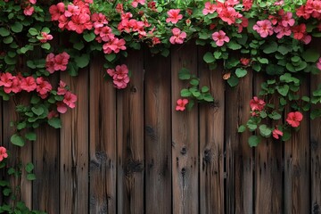 Fototapeta premium Rustic wooden garden fence with climbing flowers on top