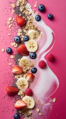 Fototapeta premium Blended strawberries with blueberries and banana slices arranged artistically on a vibrant pink background