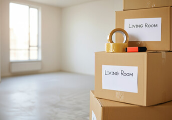 Stacked cardboard boxes secured with adhesive tape and labeled with a marker, waiting to be unpacked in a new home environment