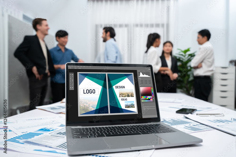 Poster graphic designer software for modern design of web page and commercial brisk ads showing on the comp