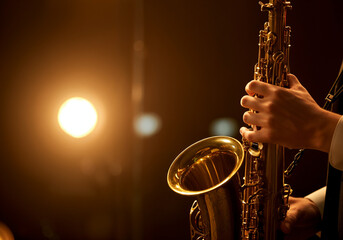 Obraz premium Close up of a musician playing a saxophone during a performance, illuminated by spotlights