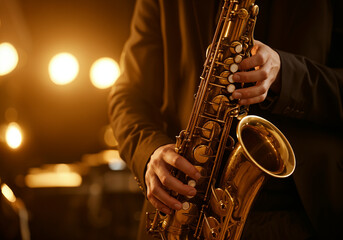 Professional musician playing saxophone during a live jazz performance on a stage with warm blurred lights