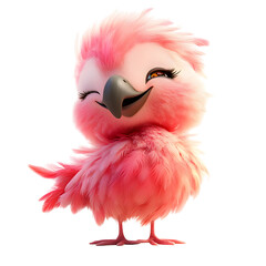 Fluffy 3D Cartoon Flamingo with Glowing Pink Feather Isolated on Transparent Background