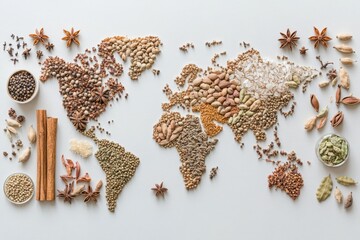 Cereals arranged on a world map showcasing diverse grains, seeds, and spices from various regions, highlighting global agriculture and culinary practices