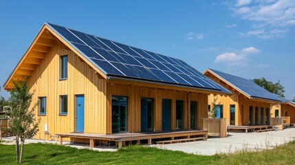 Fototapeta premium Eco-Friendly Wooden Houses with Solar Panels under Blue Sky