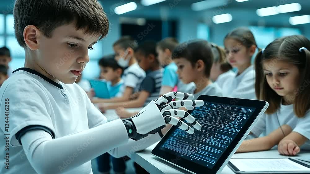 Poster a robotic teacher with articulated fingers holds an interactive tablet, helping a group of curious c