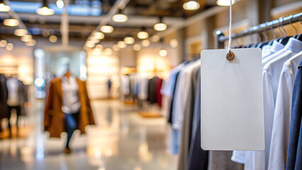 Blank White Price Tag Mockup Hanging on Clothing Rack in Fashionable Store Setting