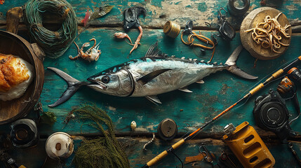 Fish and seafood fishing sport vector design with tuna, squid, fisherman tackles. Fishing rod, lure and baits, spinning reels and seaweed grunge posters of fisherman club