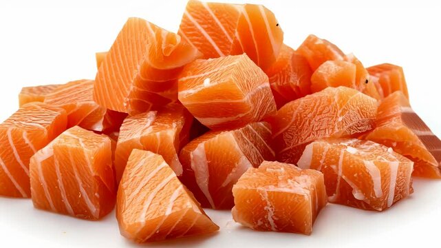 Fresh salmon chunks arranged neatly displaying vibrant orange texture