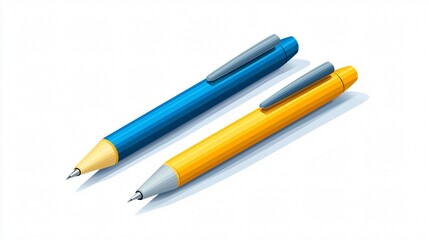 Isometric Conceptual Image of Yellow and Blue Pens with Metallic Geometric Cube on Light Blue Background