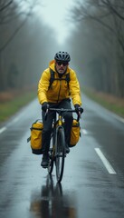 A determined cyclist in a bright yellow rain jacket navigates a slick, reflective road under a moody, foggy sky. The image captures the spirit of adventure and resilience, showcasing the cyclists