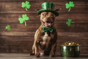Happy dog in st. patrick's day hat with shamrocks and gold coins