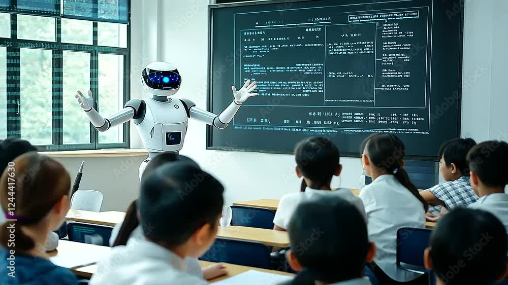 Poster a robotic assistant teacher moves between students, helping them with their assignments while the ma