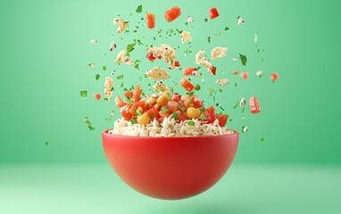 Soaring burrito bowl with rice and salsa on a pastel green background