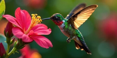 Ruby Topaz hummingbird sipping nectar from Lantana bush, bee, warm