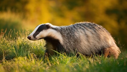 Obraz premium Single Badger Ambling Through Dappled Grassland Meles meles Embodies Rustic Solitude in a Late Afternoon Glimpse