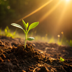 Young green sprout growing in sunlight, nature and growth, soft colors, copy space