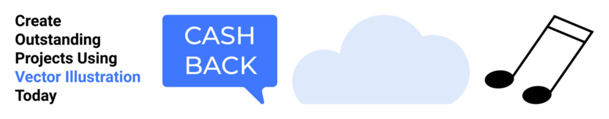 Cashback tag in speech bubble paired with a cloud and music notes. Ideal for digital storage, rewards, music apps, fintech, promotions, e-commerce, education, flat landing page banner