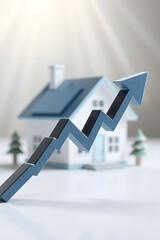 Immobilier hausse fleche bleue devant maison blanche