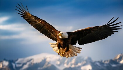 Naklejka premium Majestic Bald Eagle Soaring Freely over Serene Winter Landscape, SnowCovered Forests Giving Way to Clear Blue Sky, Capturing the Power and Beauty of Natures Apex Predator in Flight.