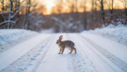Rabbit exploring snow-covered road at dawn, winter adventure