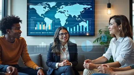 Global Business Strategy Meeting: A diverse team of professionals collaborates on a global business strategy, engaged in a discussion against a backdrop of a world map and data visualizations. - Powered by Adobe