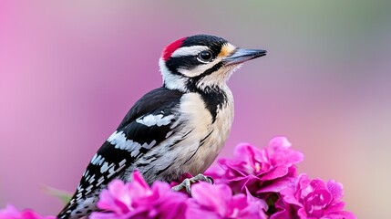 Obraz premium A bird on a pink flower, in focus