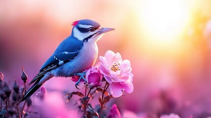   A bird perched on a pink blossom near another bird atop the same flower in shades of blue and white