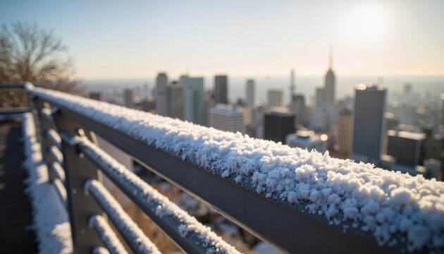 Frosted metal railing capturing morning light, city skyline background - Powered by Adobe