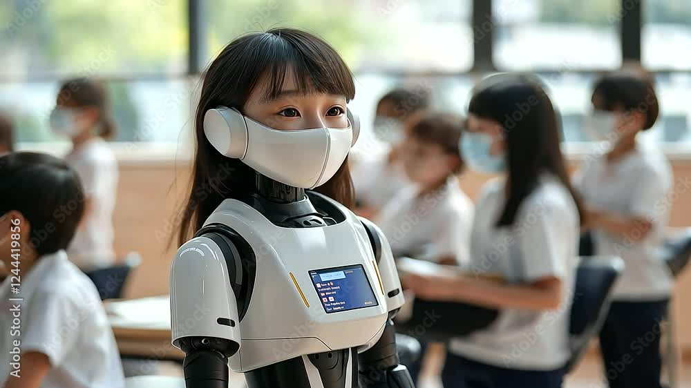 Poster a high-tech ai-driven school where a robot stands at the center of the classroom, analyzing student 